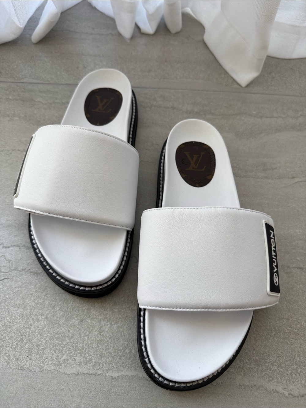 Louis Vuitton White and Black Logo Slide Sandals